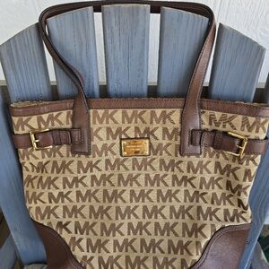 Michael Kors Tan and Brown Canvas Logo Tote w/Leather Trim 12.5x16x7 Good Cond..